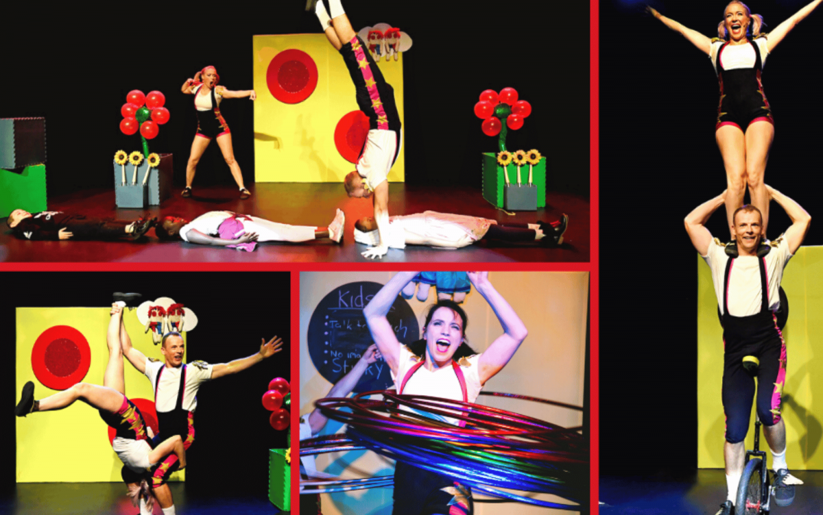 Actors doing various circus and acrobatic tricks