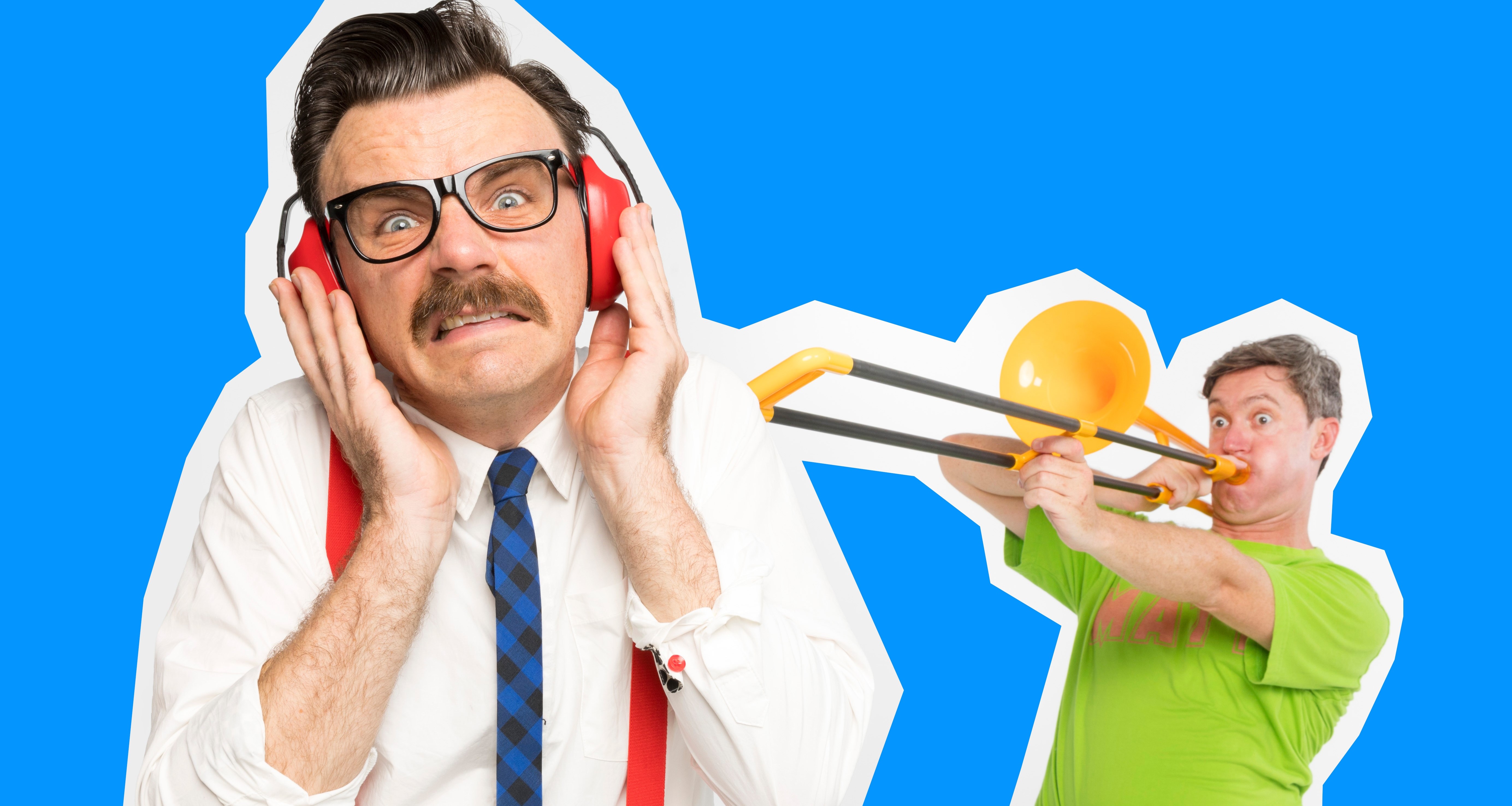 Someone playing the Trombone and another person in ear muffs cowering at the loud noise.