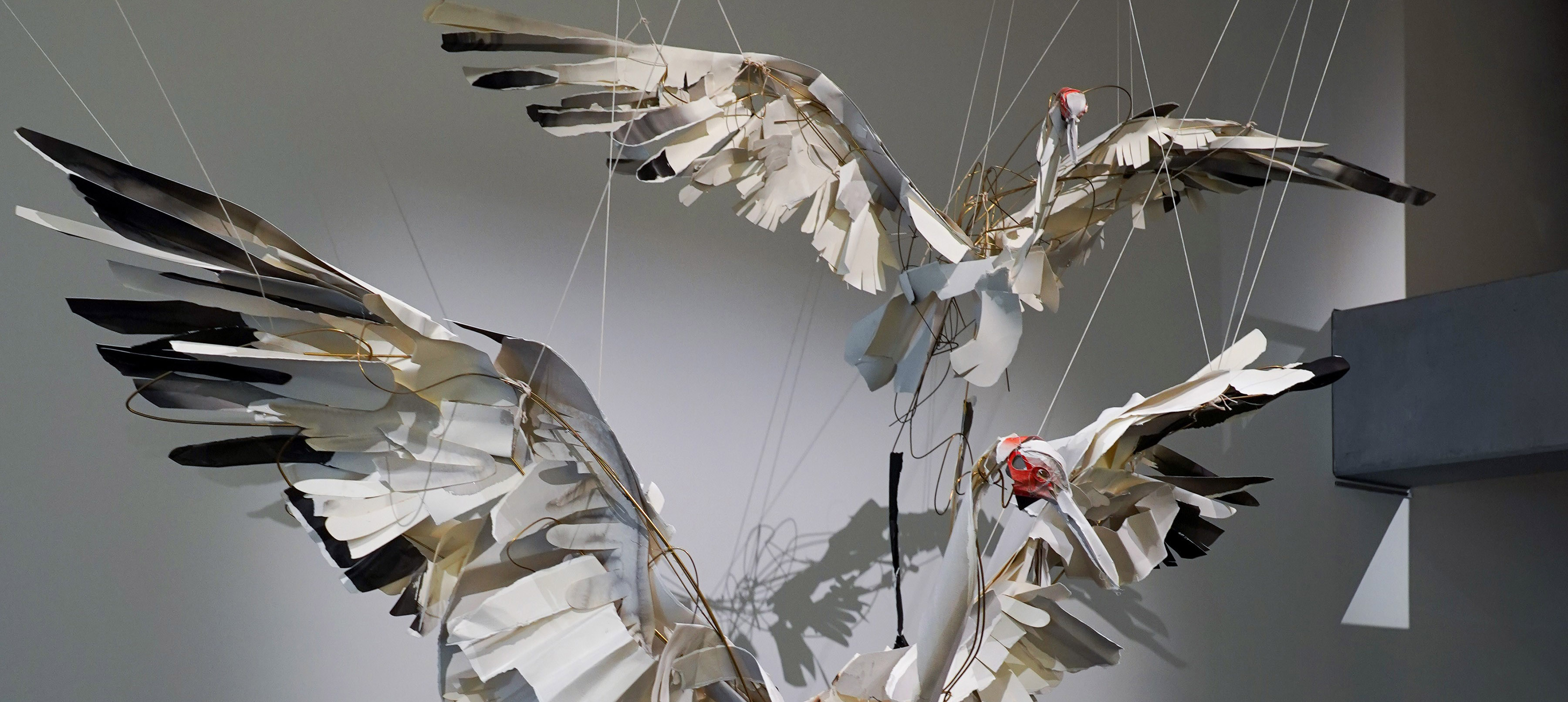 A photograph or two brolgas. They are fashioned from paper feathers on a brass substrate. Both birds have wings outstretched and suspended on strings. One bird is closer to the camera while the other towers in the background.  