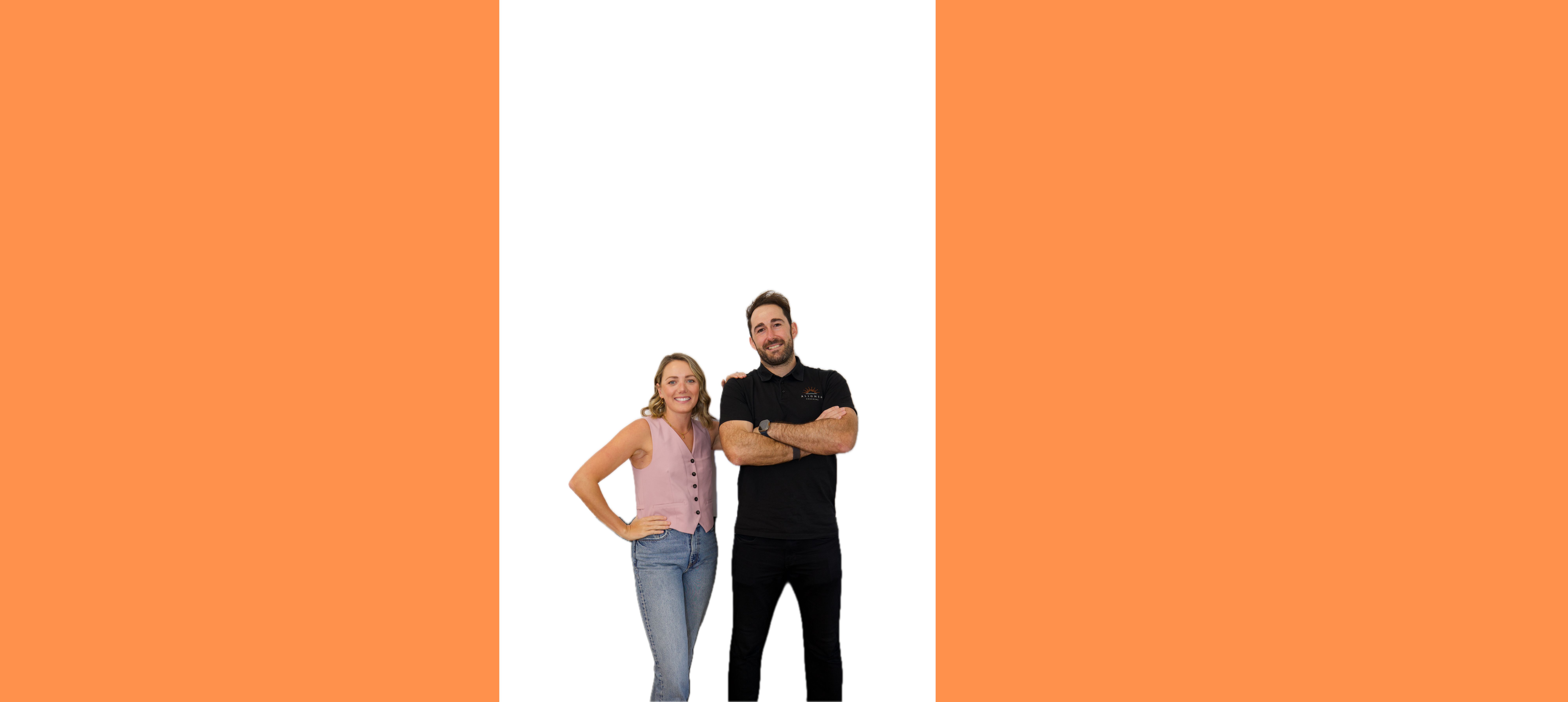 Orange background with woman and man standing in foreground 