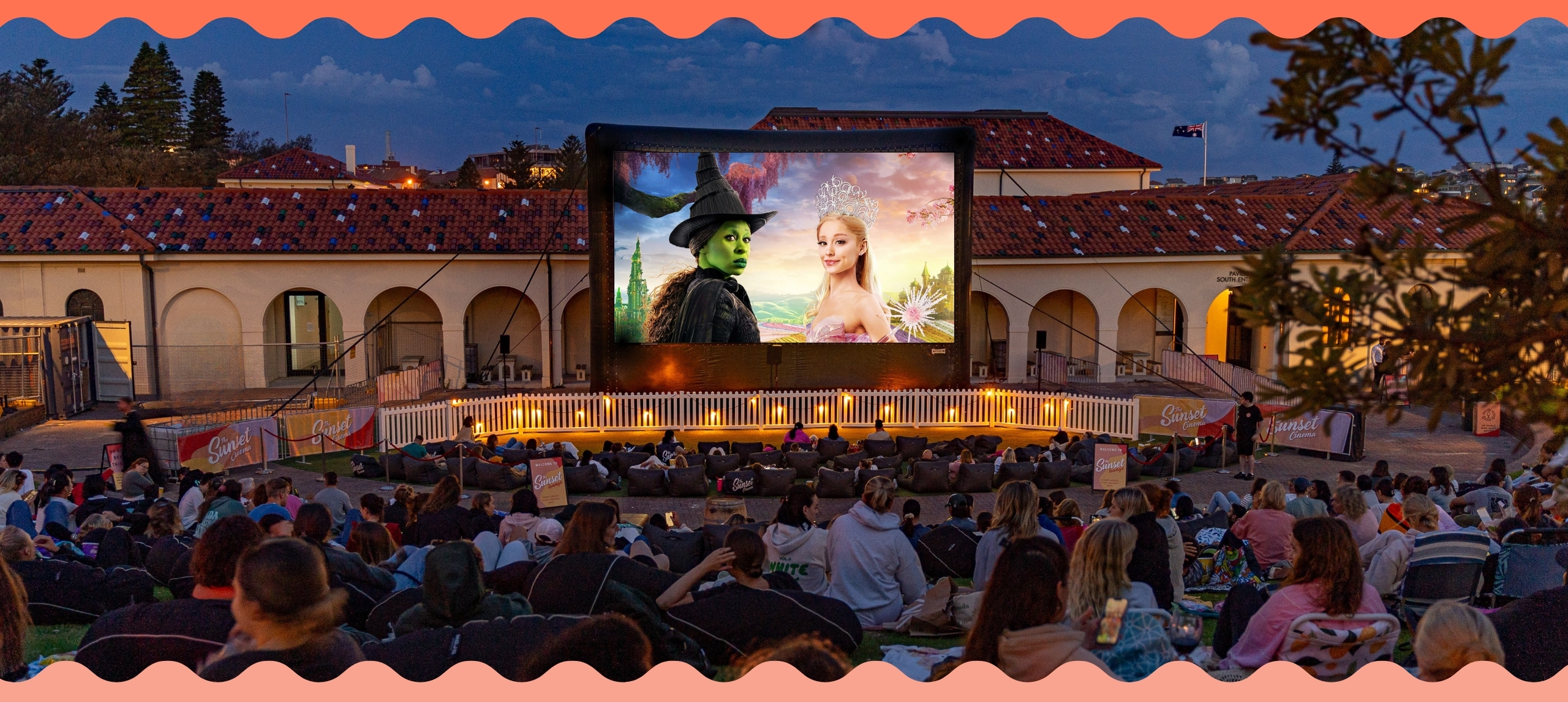 Outdoor cinema at the Pav with wicked playing on screen