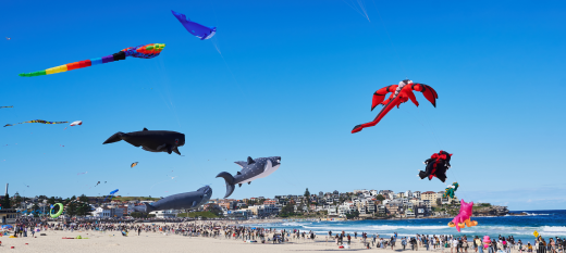 Large kites of different shapes and sizes flying in the sky above Bondi Beach