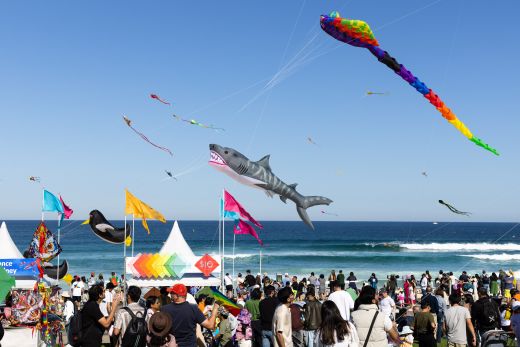 Festival Of The Winds by Annabel Osborne. Image Description: a cloudless day on a large beach with a crowd of festival goers. Kite of various sizes and bright colours are flying in the sky. 