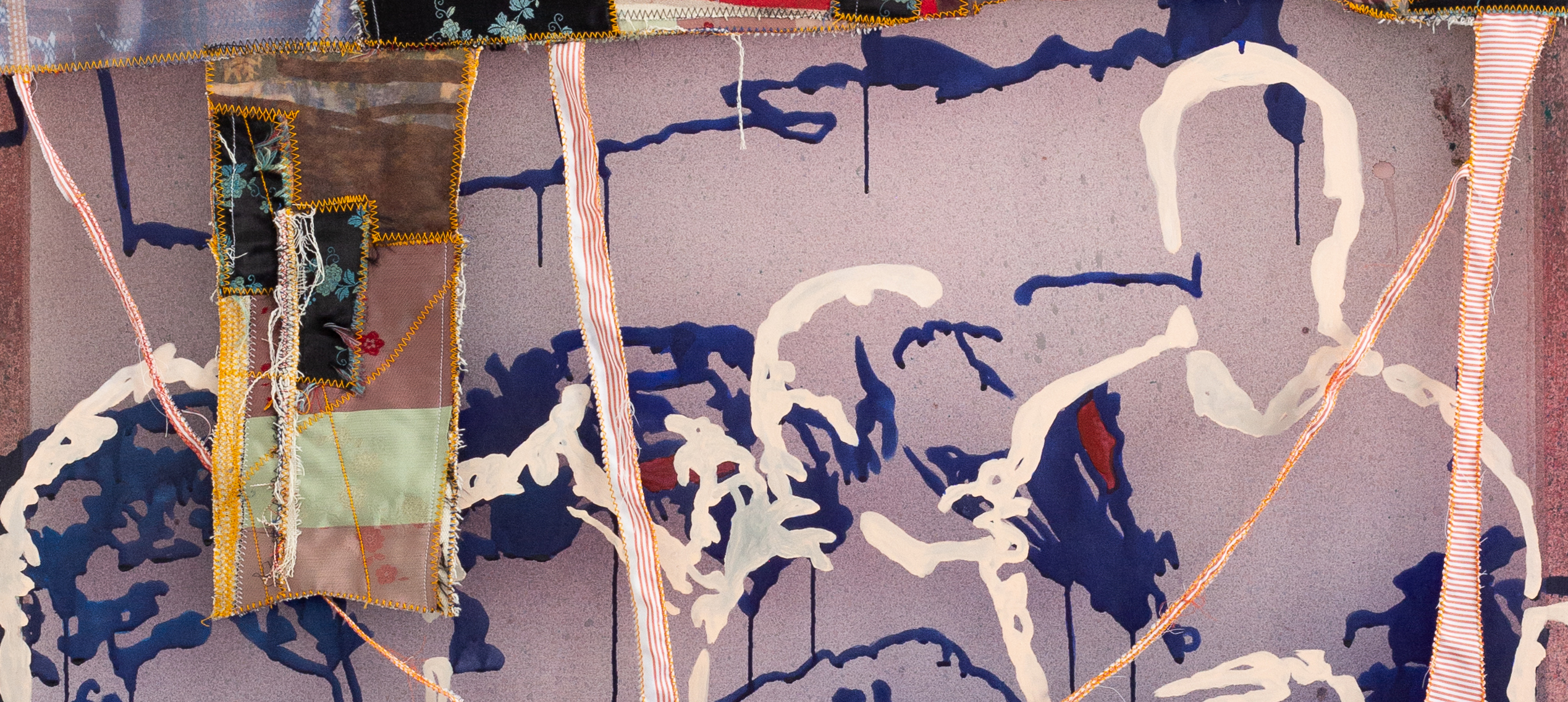 A cropped photograph of a canvas. The canvas involves a stretcher and semi transparent layers of materials with painted markings and textures across it. Within the abstraction, blue lines suggesting a landscape are visible as are white painted lines describing figures