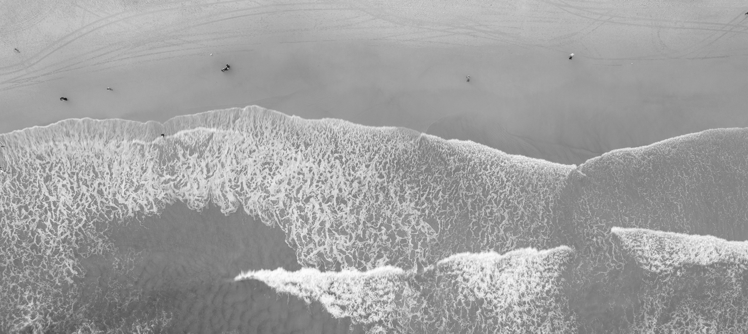 Black and white aerial image of Bondi Beach