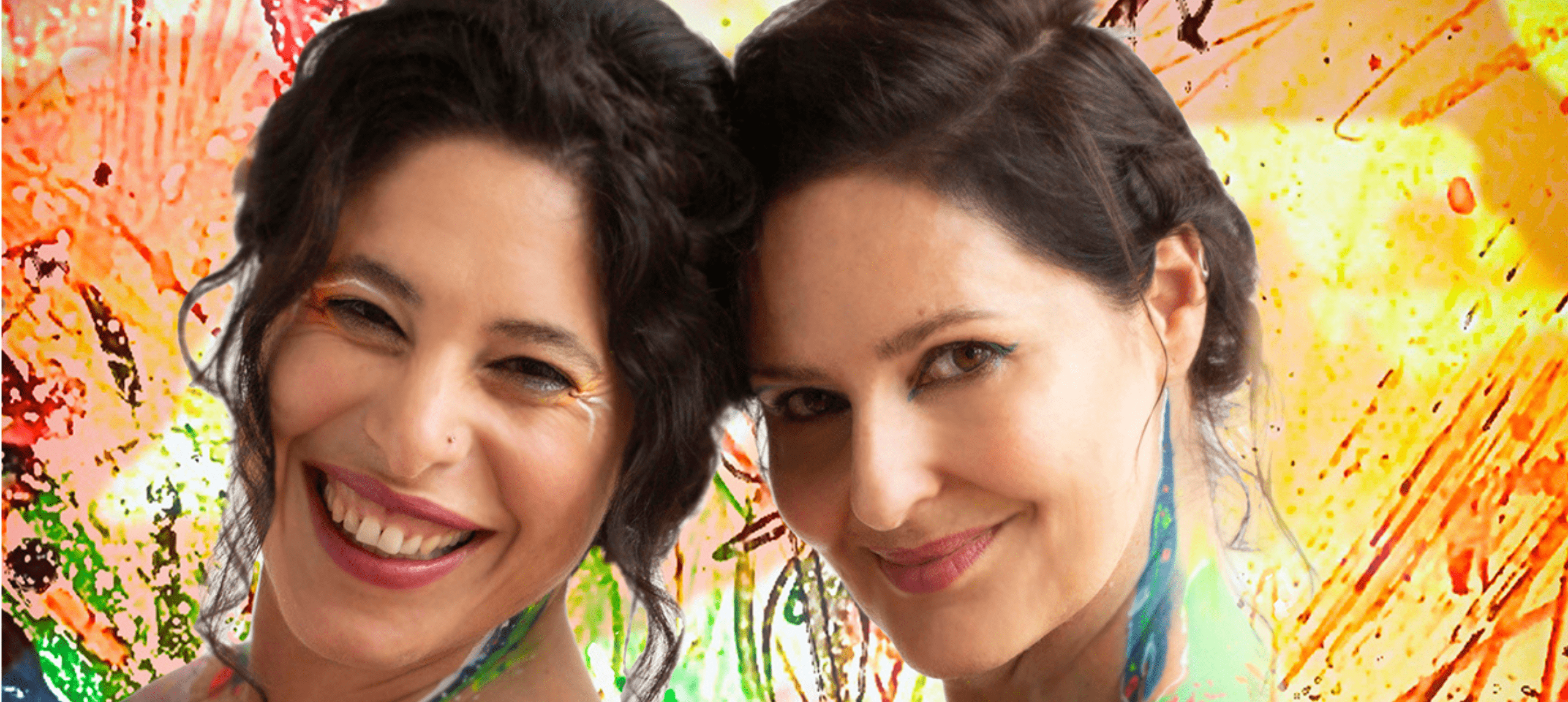 Two women artists smiling headshot with colourful background