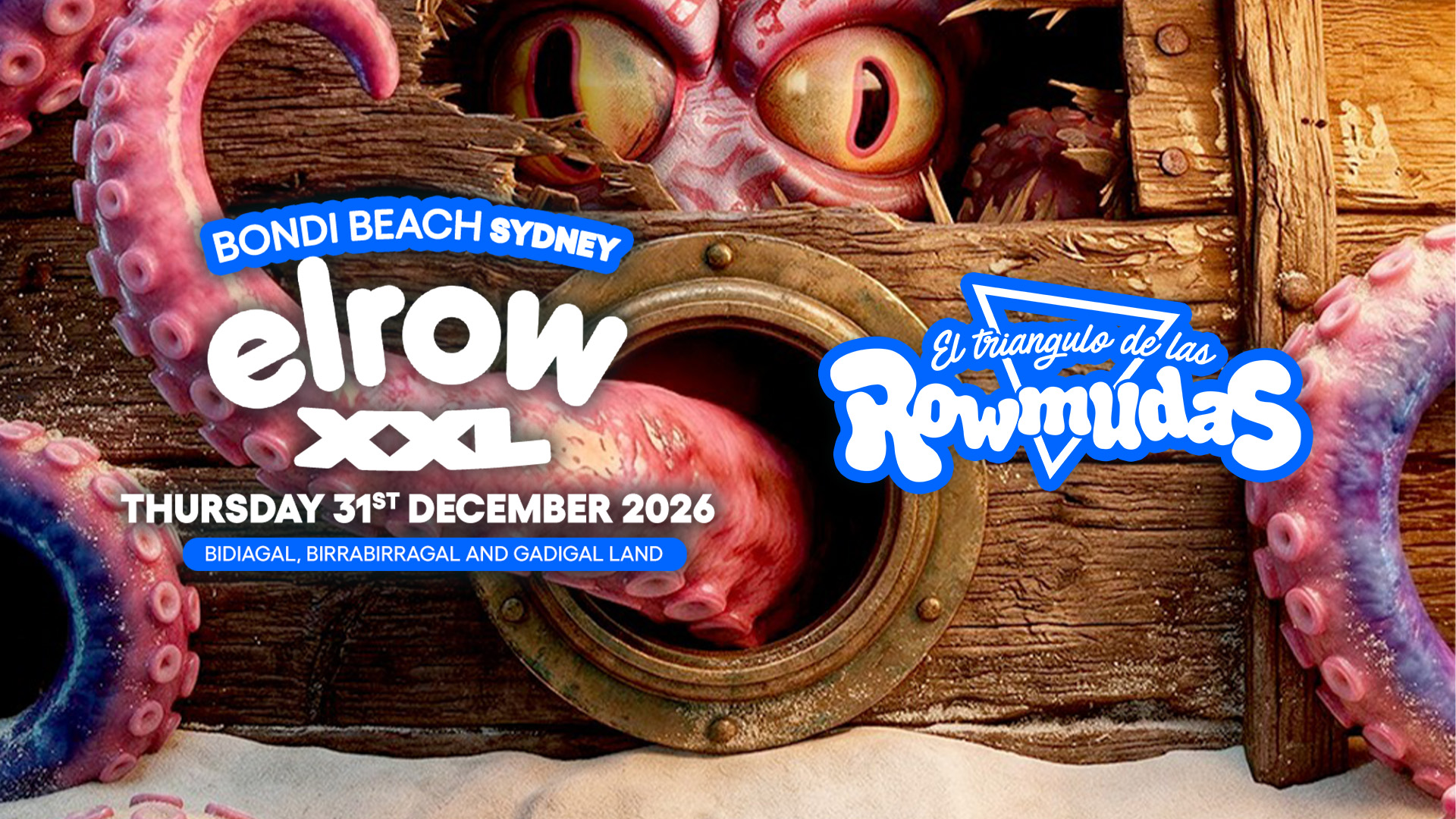 image of an octopus breaking through a ships hull, writing overlayed with event name