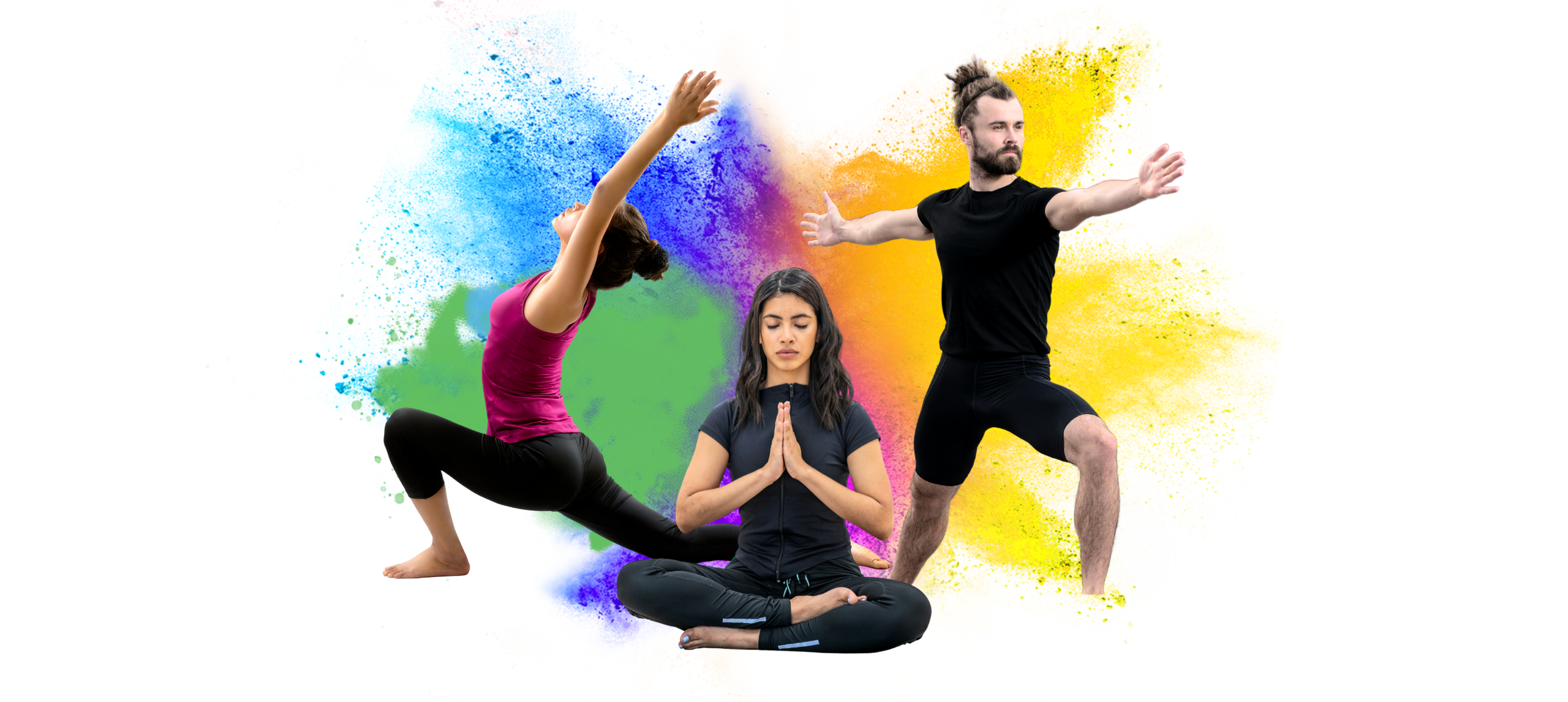 Two women and one man doing yoga poses with multicolour splash of paint on white background