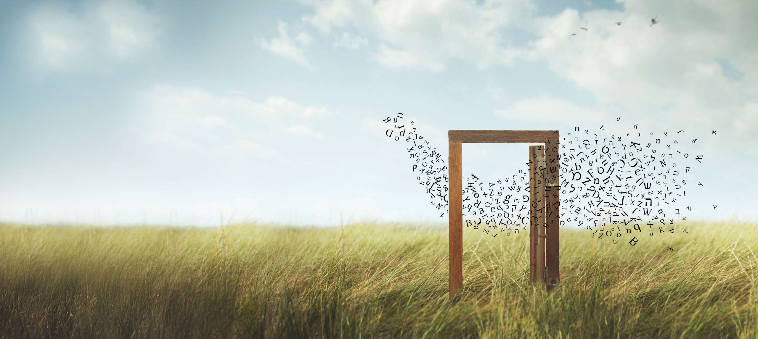 Wooden door frame in field of grass with cloudy sky behind and letters coming though the door