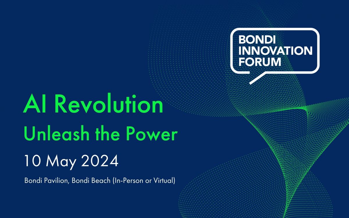 Navy background with green dot pattern and writing that says Bondi Innovation Forum