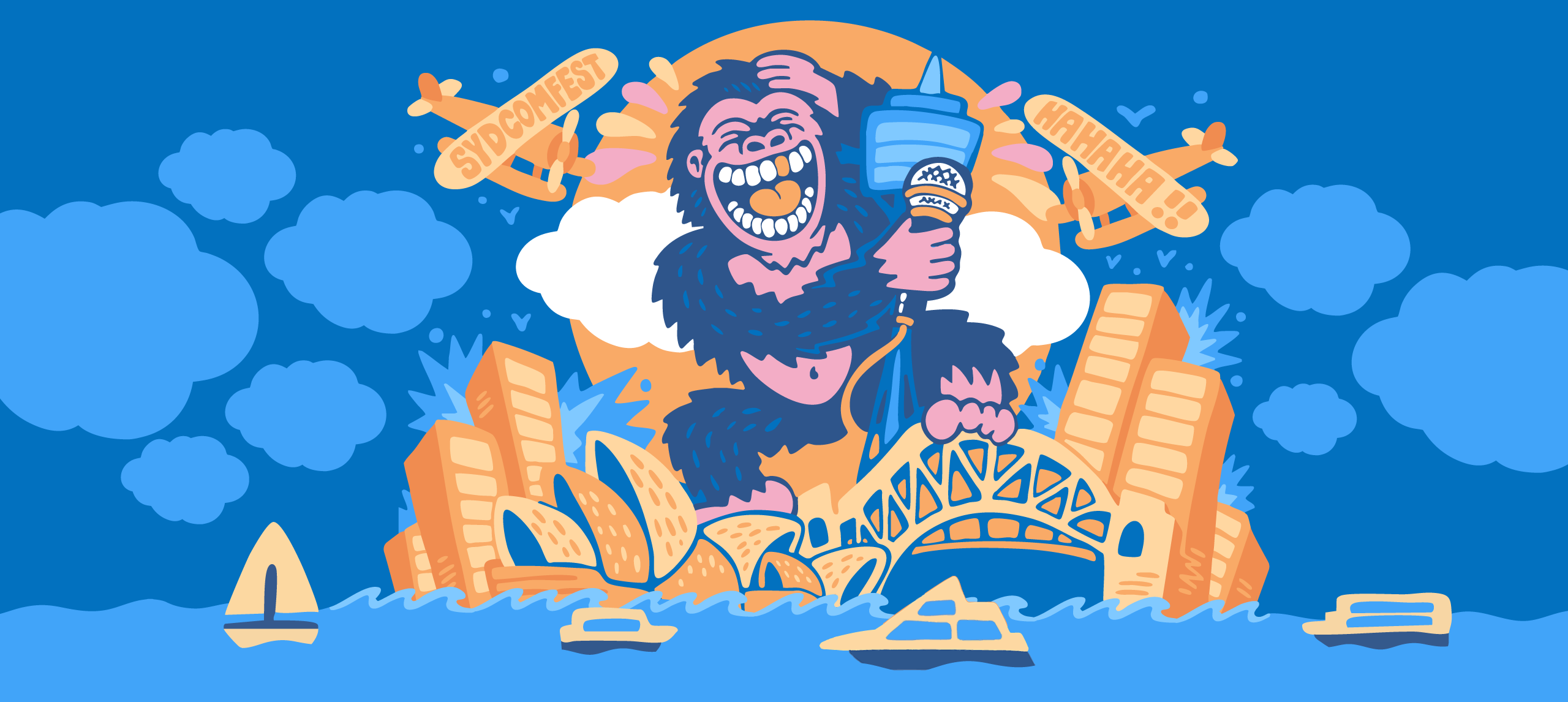 Blue background with cartoon gorilla laughing holding a mic standing on the Sydney opera house and harbour bridge