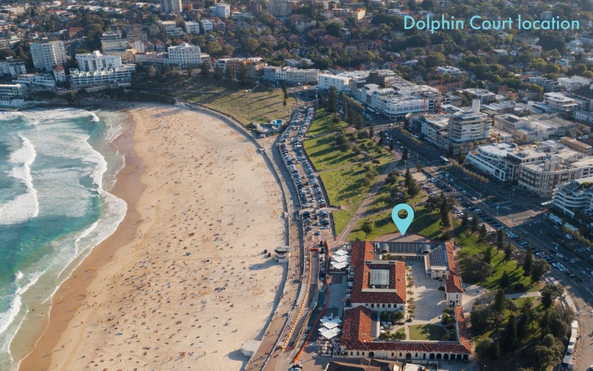 Bondi Pavilion aerial photo with location icon for the dolphin court