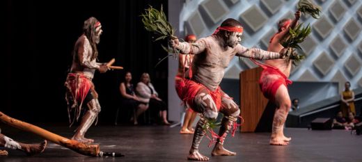 Australian aboriginal men performing a first nations dance