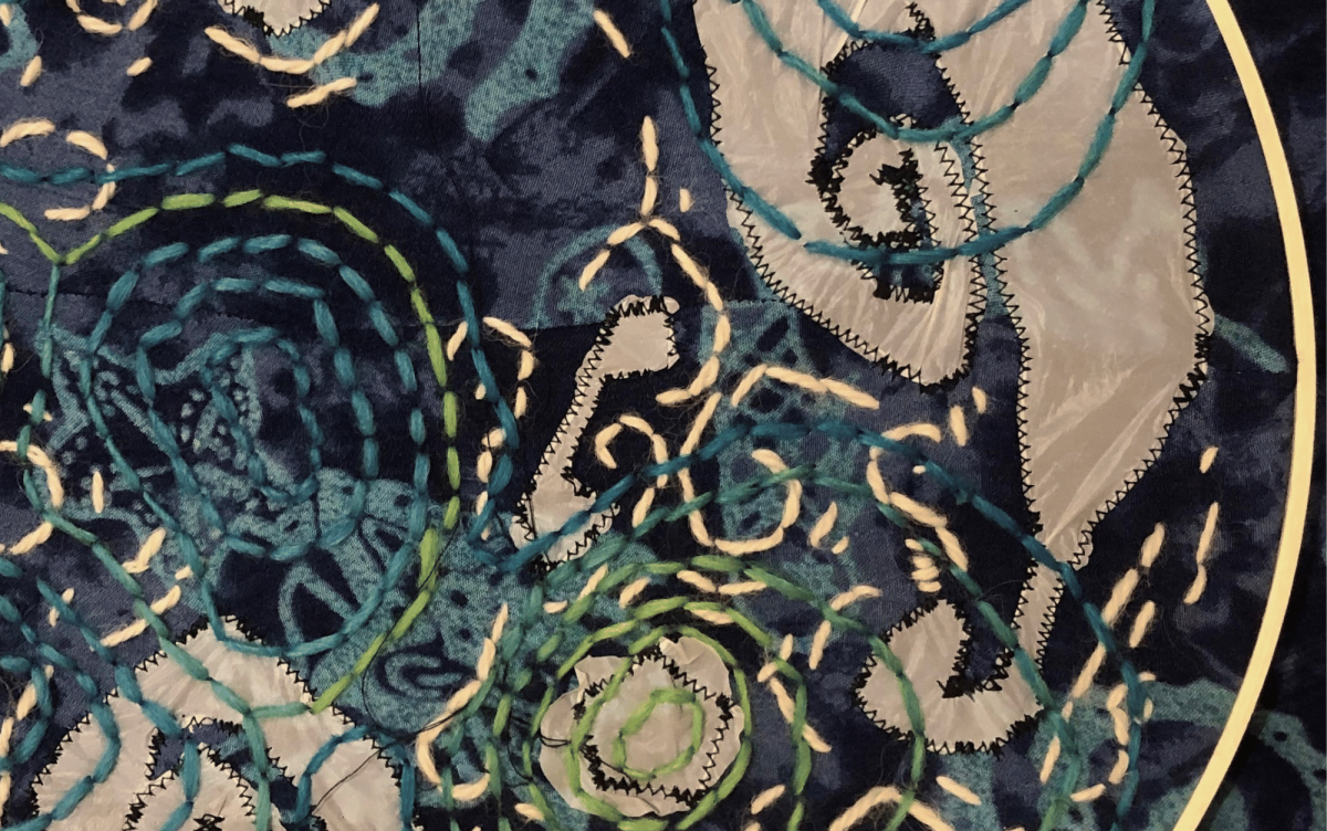 Close up of a textile art work blue and gold in colour