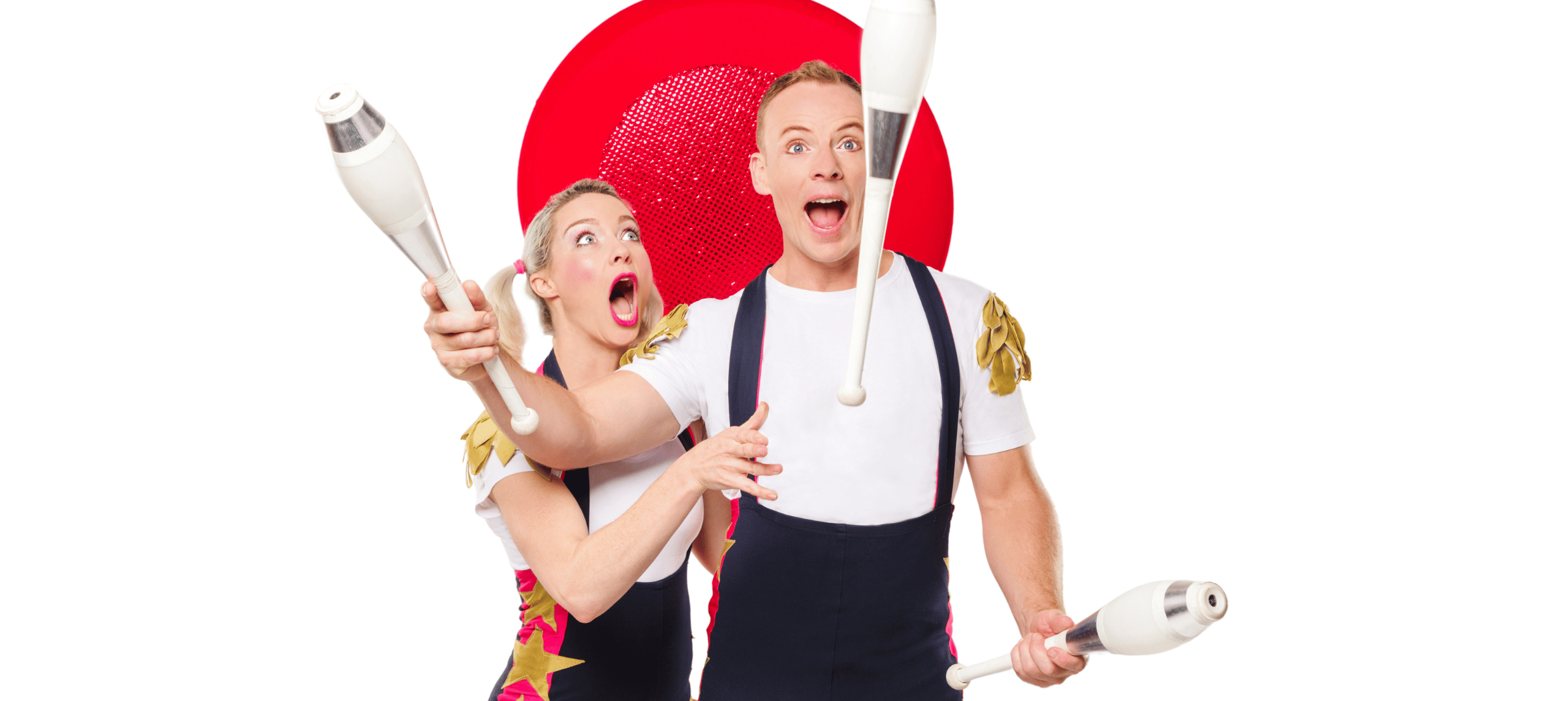 Two actors with juggling sticks