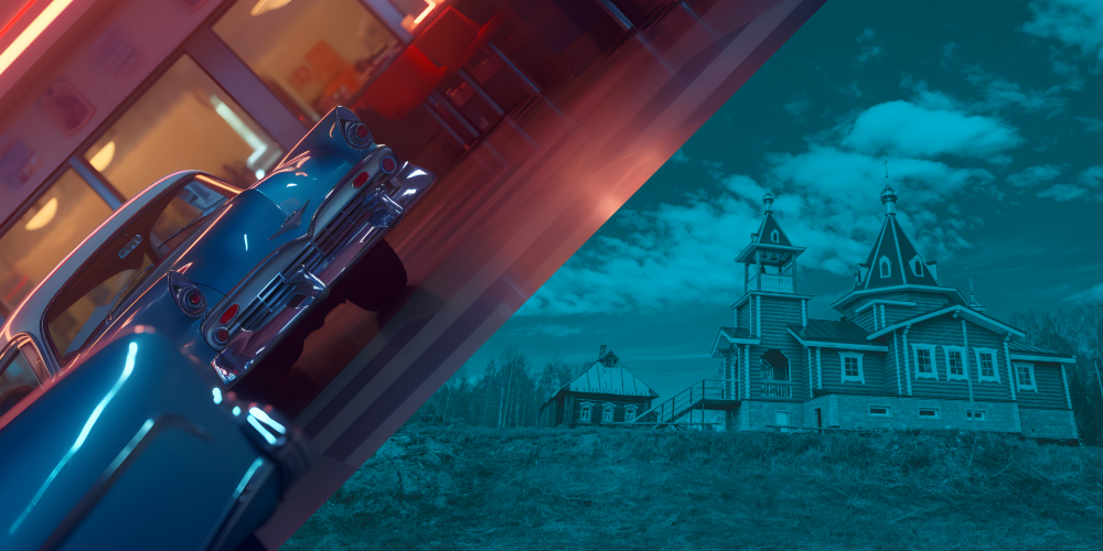 1950s American diner and classic cars, and a Russian Orthodox church